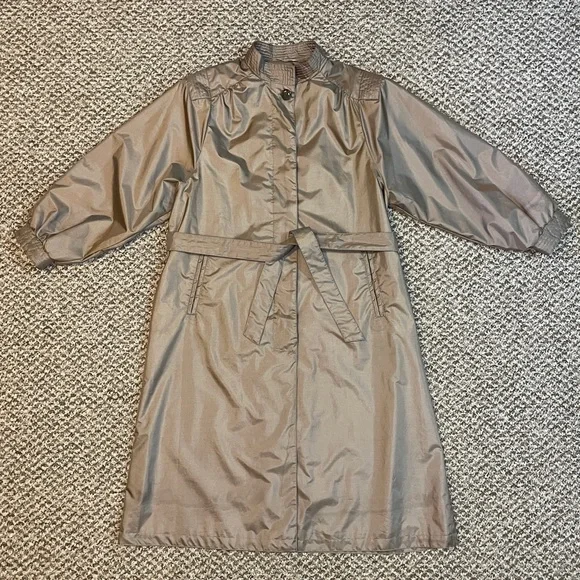 Vintage 80s Windsor Bay Belted Balloon Sleeve Trench Coat - Iridescent Champagne - Picture 1 of 16